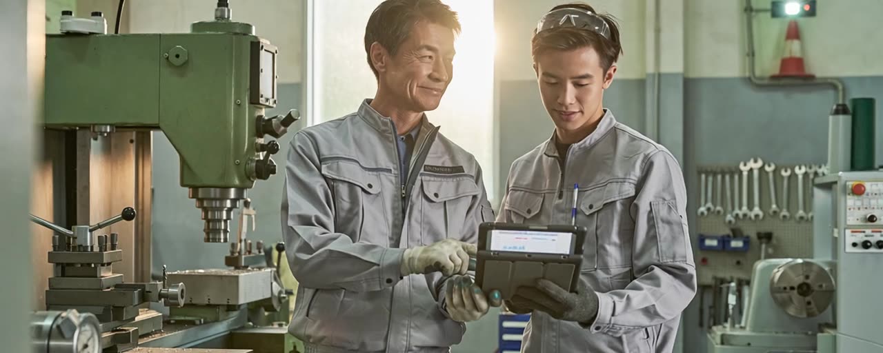 町工場で、作業着姿の技術者2名がタブレットを見ながら打ち合わせをしている様子